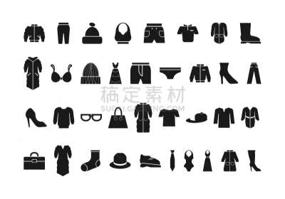 图标集,衣服,洗碗布,背景分离,纺织品,帆布鞋,裙子,眼镜,茄克