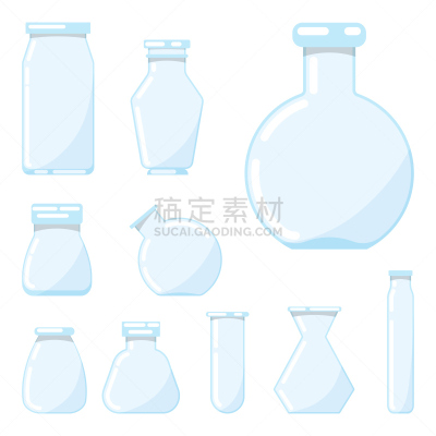烧瓶,玻璃杯,卡通,化学制品,图标集,蓝色,反差,形状,透明,分离着色