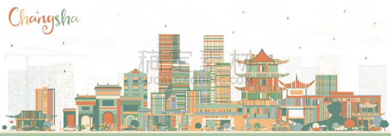 长沙,城市天际线,彩色图片,建筑外部,矢量,旅途,商务,云,鸟类