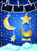 月亮,鸟类,夜晚,飘然,边框,秘密,可爱的,贺卡,超现实主义的,暗色