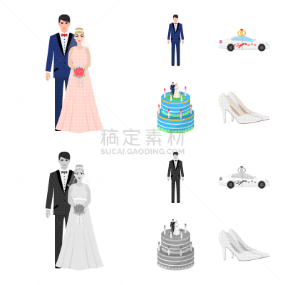 婚礼,漫画,分离着色,轮廓,蜡烛,玫瑰,胸衣,汽车,收集,庆祝