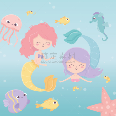 章鱼,卡通,海星,虾,水母,海洋,鱼类,美人鱼,在下面