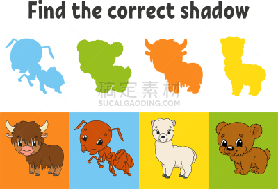 绘画插图,彩色图片,谜题游戏,儿童,书页,矢量,羊驼,蚂蚁,发现,教育