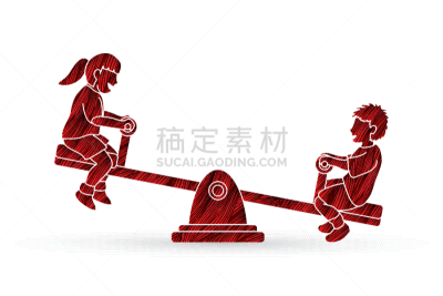 男孩,跷跷板,进行中,女孩,公亩,分离着色,可爱的,家庭,概念,相伴