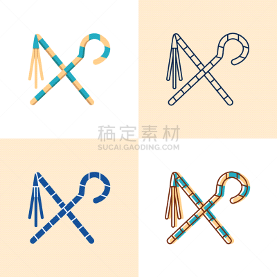 埃及,连枷,线条,平坦的,图标集,古埃及文明,法老,古董