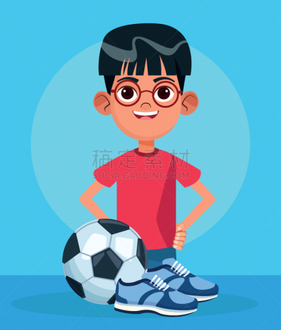 cartoon boy with soccer ball and sport shoes
