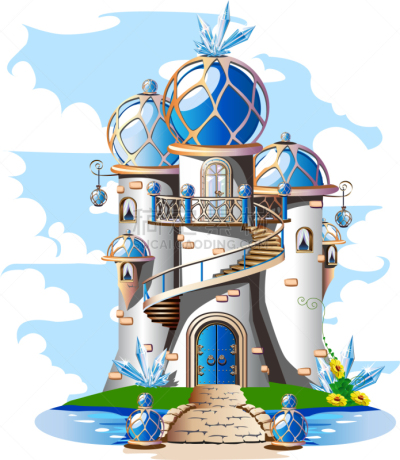 fairytale castle with a blue domed roof a balcony