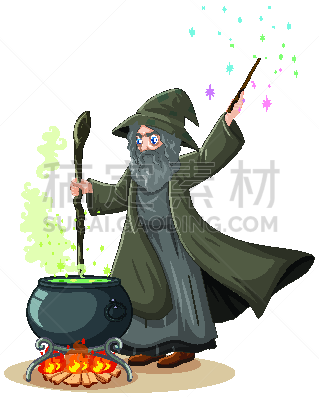 魔杖,男巫,巫术,卡通,分离着色,白色背景,锅,药剂,飘然,概念