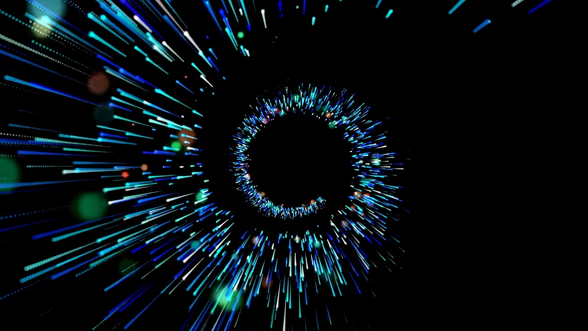 抽象发光的蓝色螺旋，粒子灯。深色3D线框背景动画。明亮的蓝色线条。动态视频。