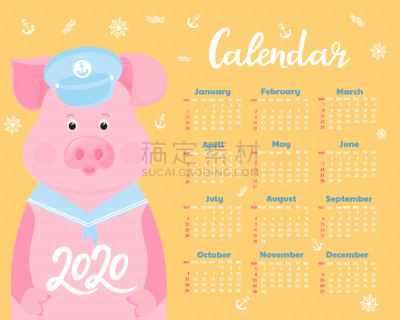 2020,猪,日历,星期,开端,可爱的,星期日,商务,进出港显示牌