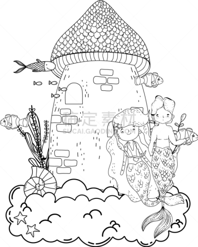 水下,伴侣,城堡,美人鱼,可爱的,水瓶座,飘然,家庭,女人,梦想