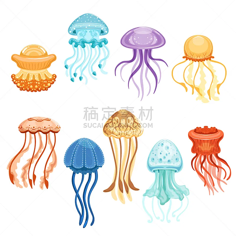 水母 色彩鲜艳 海洋生命 水彩画 水下 白色 可爱的 游泳 布置 收集图片素材下载 稿定素材