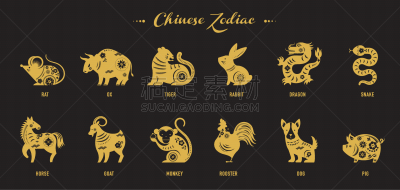 矢量,春节,绘画插图,符号,哑语,十二生肖,狗,猪,动物,中国