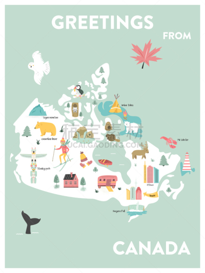 加拿大,卡通,旅途,海狸,北极熊,动物,海岸线,建筑,剪影