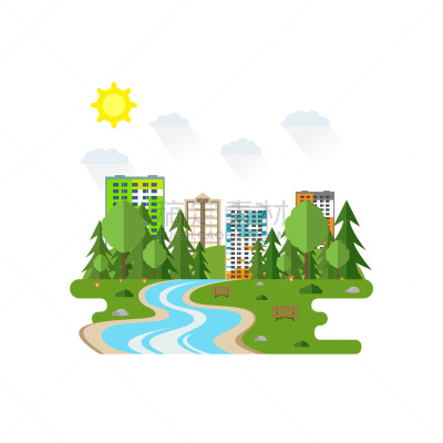 绘画插图,夏天,绿色,矢量,居住区,现代,天空,都市风景,扁平化设计,地形