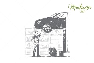 汽车,车间,维修车间,青年人,艺术品,车站,草图,极简构图,服务