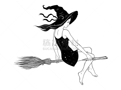自然美,女孩,女巫,扫帚,举起手,华丽的,绘制,骑