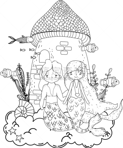 水下,伴侣,城堡,美人鱼,可爱的,水瓶座,飘然,家庭,女人,梦想