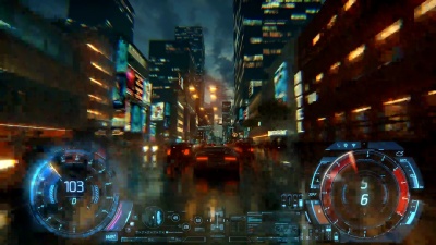 3D假视频游戏。赛车模拟。夜城。雨后的灯光。第1部分，共2部分。HUD