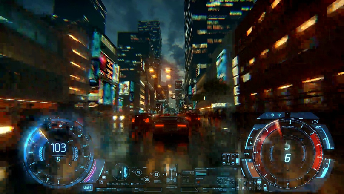 3D假视频游戏。赛车模拟。夜城。雨后的灯光。第1部分，共2部分。HUD