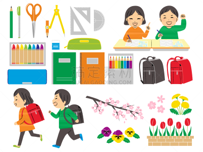 绘画插图,重返校园,可爱的,圆珠笔,橡皮擦,小学,铅笔,彩色铅笔,三角板,郁金香