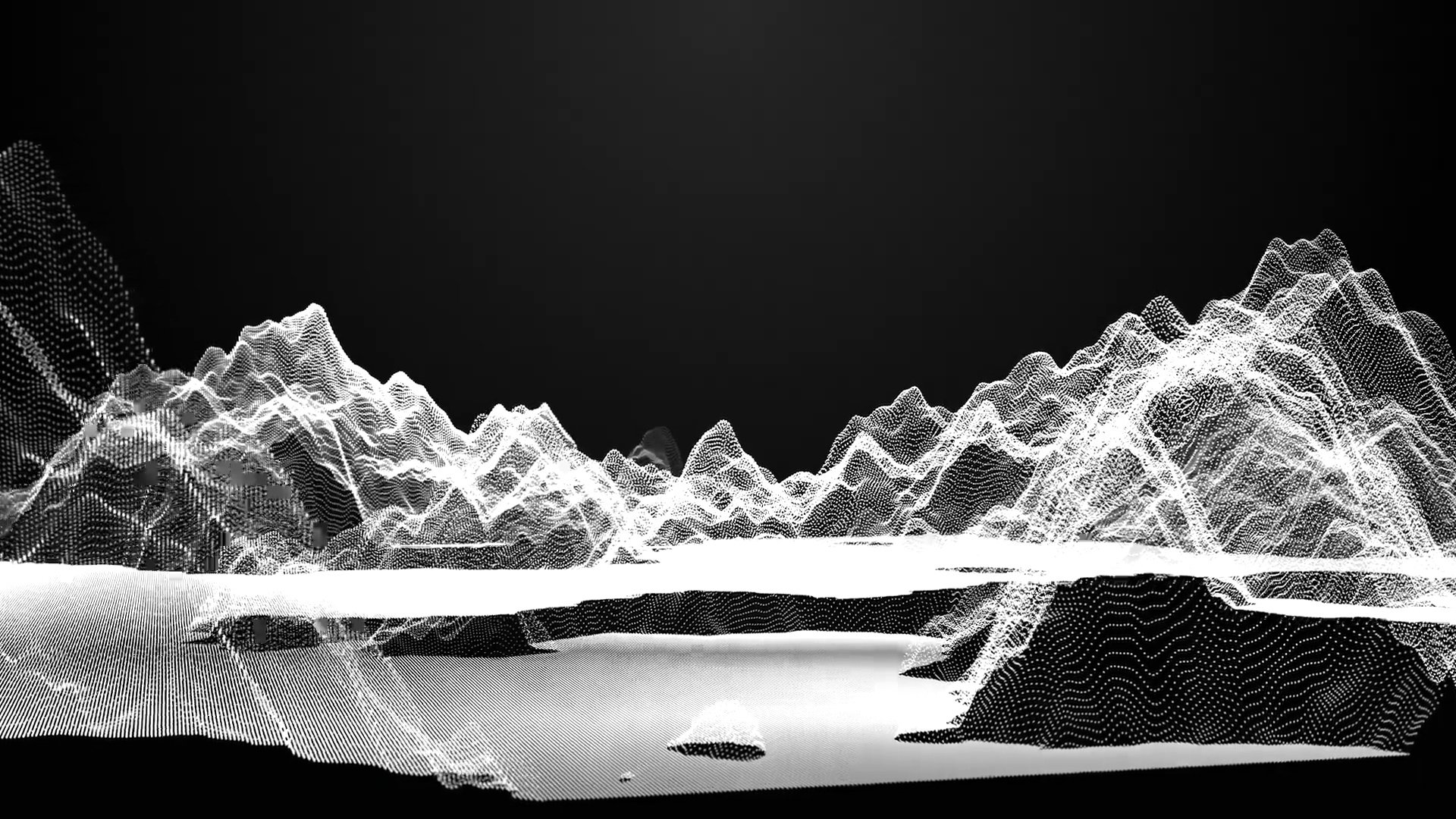 飞向抽象的粒子山景观。粒子的波浪面。3D插图背景