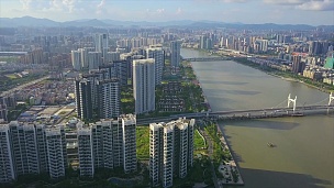 晴天珠海城市景观河湾大桥空中全景 中国