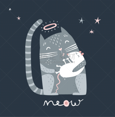猫,鼠,可爱的,暗色,现代,睡觉,亲吻,相伴,关爱
