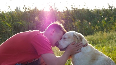 年轻人在户外爱抚、拥抱和亲吻他的拉布拉多。玩金毛猎犬。狗舔男性的脸。与家畜的爱和友谊。背景中的风景。慢动作