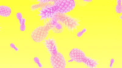 粉红色菠萝在波普艺术电影中落下黄色背景