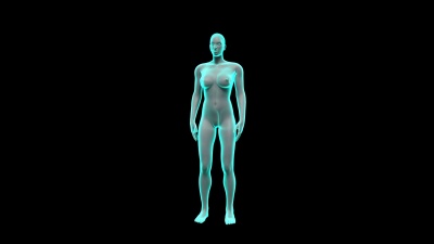 缩放女性身体扫描子宫，蓝色X射线图像。