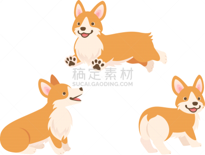 狗,全身像,扭头看,绘画插图,威尔士柯基犬,向上看,三只动物,注视镜头,跑,布置