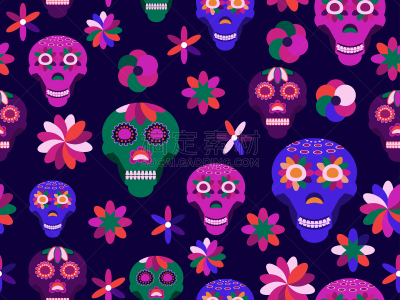 四方连续纹样,绘画插图,头骨,矢量,扁平化设计,死亡节,传统,华丽的,怪异,暗色