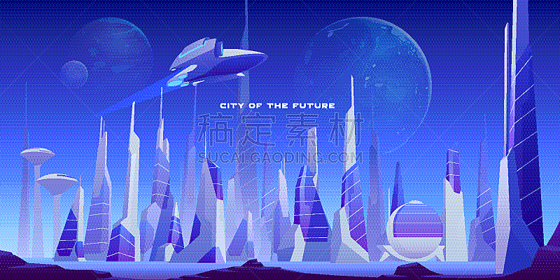 futuristic urban landscape city and spaceship