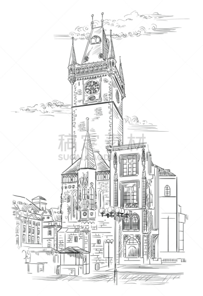 布拉格,矢量,绘画插图,动物手,数字6,国际著名景点,天文钟,著名景点,市政厅
