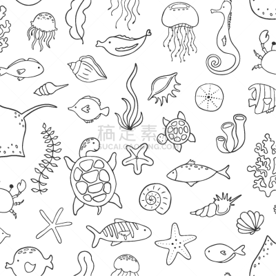 四方连续纹样,卡通,海洋,组物体,纺织品,魟鱼,海龟,动物,贝壳,水下