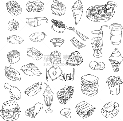 寿司,快餐,食品,乱画,草图,比萨饼,饮料,华丽的,菜单,布置