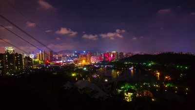 中国日落珠海著名山公园山顶城市景观全景4k时间
