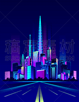 夜晚,城市,霓虹灯,矢量,摩天大楼,房屋,粉色,城镇,全景,图像
