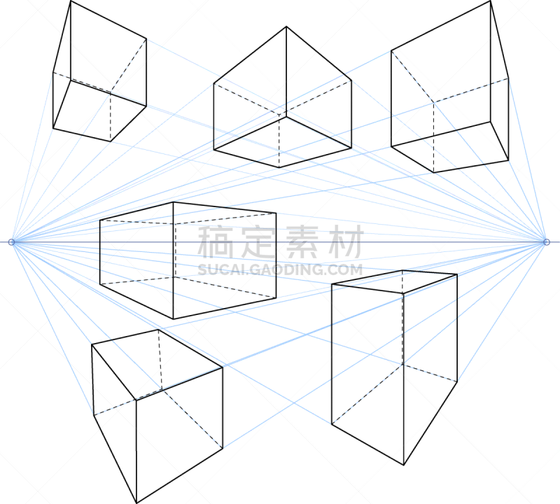 two point perspective line drawings set cubes