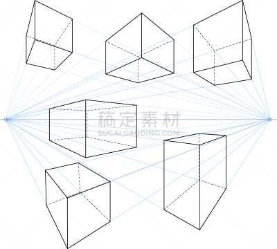 two point perspective line drawings set cubes