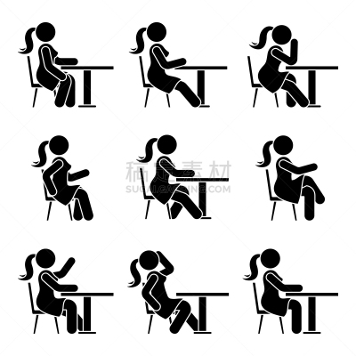 椅子,女孩,幸福,疲劳的,图标集,矢量,简笔人物画,女人,书桌,标志