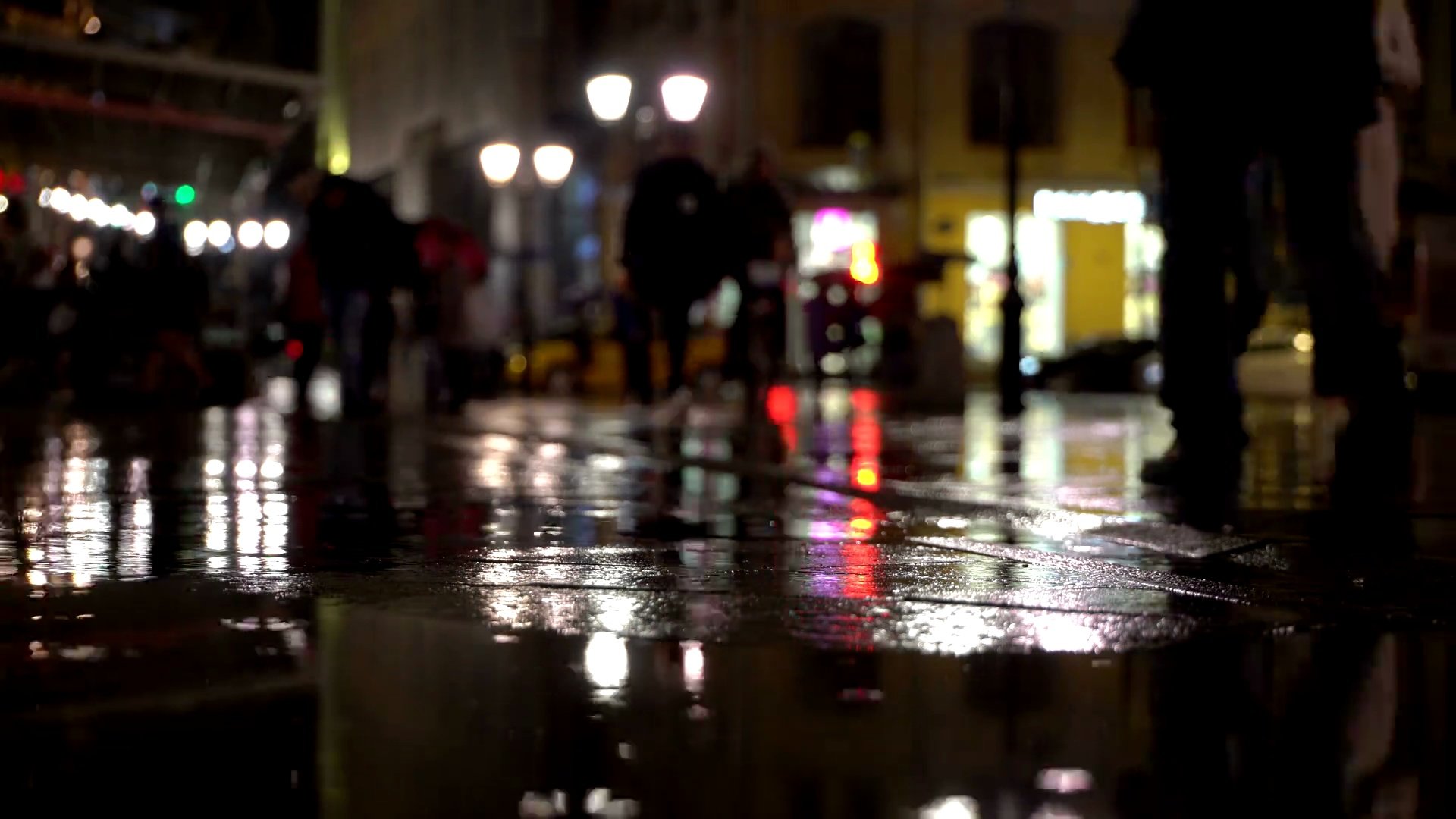 雨夜，雨点落在路灯照亮的色彩斑斓的沥青上。面目全非的人打着雨伞，用红绿灯过马路。美丽多彩的波克。天气、交通、城市街道、现代城市生活方式的概念