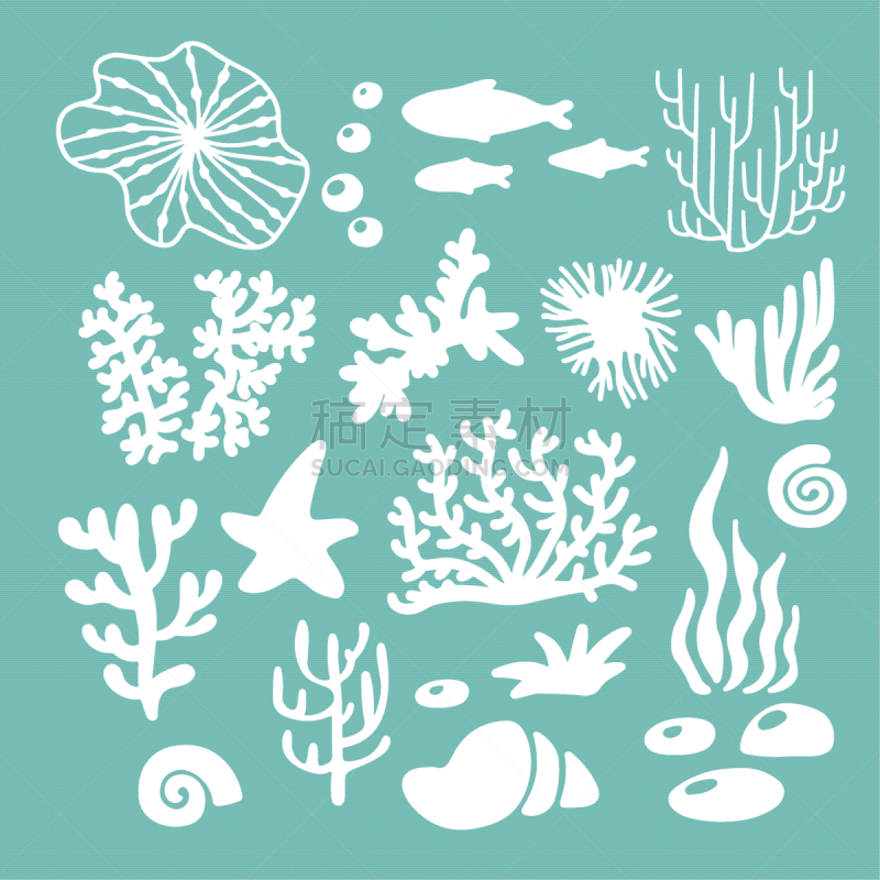 绘画插图,珊瑚,海洋,海星,鱼类,矢量,贝壳,绿色背景,分离着色,背景分离