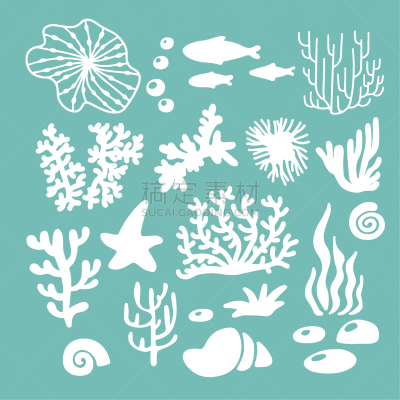 绘画插图,珊瑚,海洋,海星,鱼类,矢量,贝壳,绿色背景,分离着色,背景分离