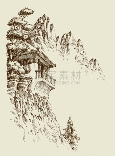 小屋,草图,山,背景,松树,环境,自然美,杉树,岩石,绘制