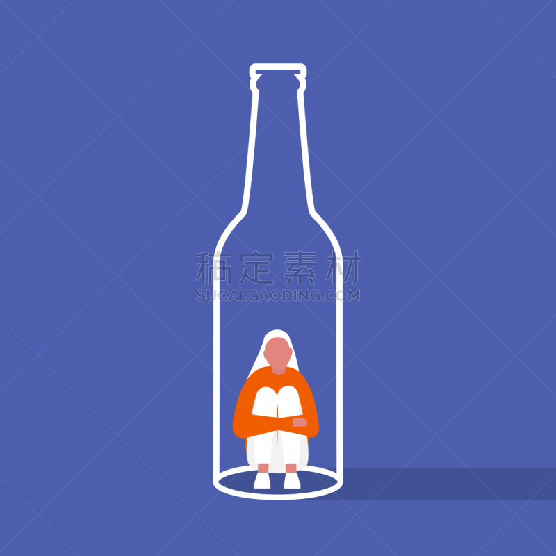 瓶子,捕获的,性格,矢量,绘画插图,平坦的,里面,青年人,酗酒