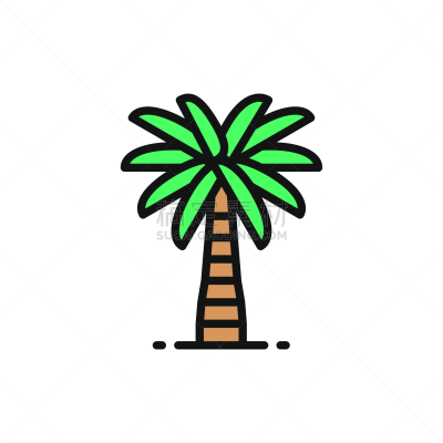 彩色图片,平坦的,椰子树,线图标,分离着色,白色背景,线条,热带气候,简单,椰子