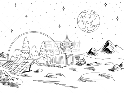 行星,草图,大群动物,矢量,绘画插图,地形,黑色,插画,白色背景,太空船
