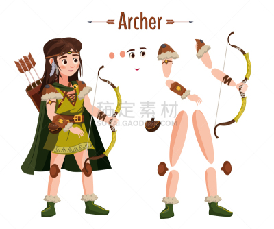 箭术,女人,绘画插图,卡通,时尚,中世纪时代,矢量,举起手,游戏,分离着色
